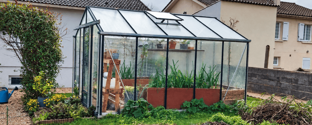 Serre de jardin avec des bacs de culture et des étagères à l’intérieur.